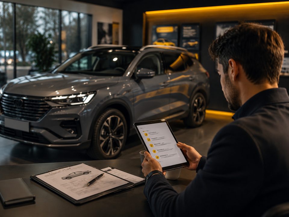 Comprador revisando con una tablet la ficha técnica de un SUV 0km en un concesionario
